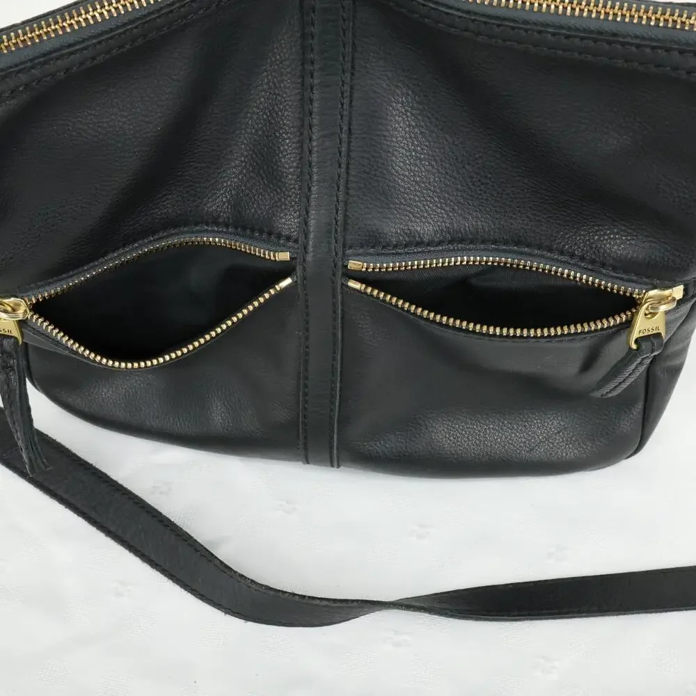 Fossil Leather Handbag Womens Black Crossbody Bag Zipper Pockets Preppy Academia